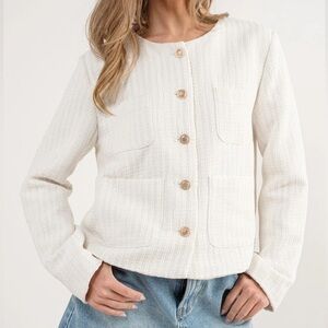 Aaron & Amber Tweed White Round Neck Gold Button 4-Pocket Blazer Jacket